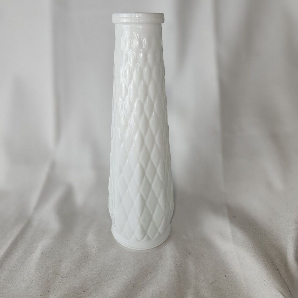 E O Brody Milk Glass Vase Diamond Pattern M-147 Made In USA - 8 3/4” Tall